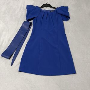 Flutter Gathered Sleeve Mini Dress Womens Medium Royal Blue Round Neck with Belt